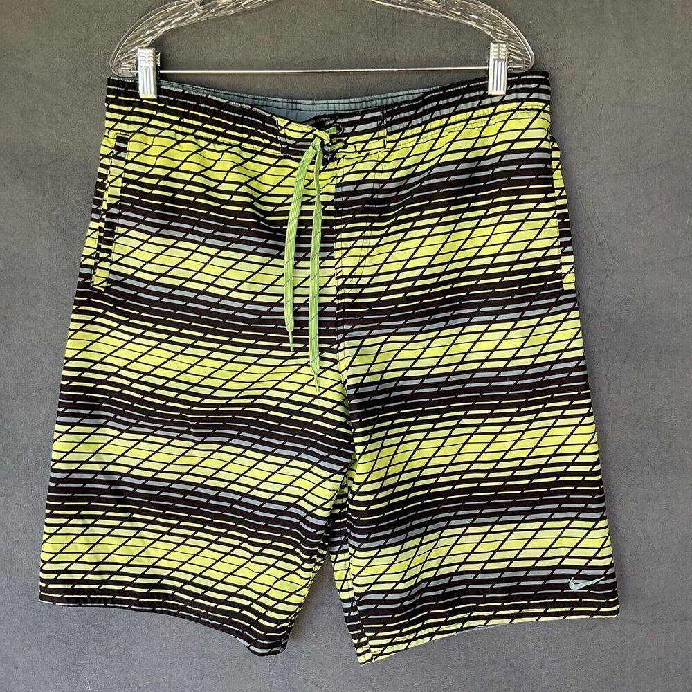 Y2K Nike Board Shorts Trunks Men's Medium Vintage Swoosh Logo Neon Green Black